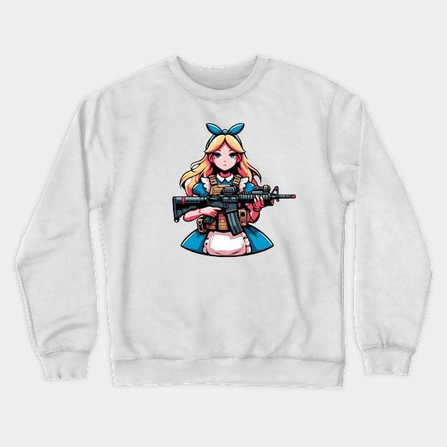 Tactical Wonderland Odyssey Tee: A Unique Twist on Alice's Journey Crewneck Sweatshirt by Rawlifegraphic